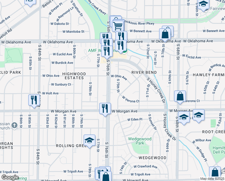 map of restaurants, bars, coffee shops, grocery stores, and more near 3415 South 75th Street in Milwaukee