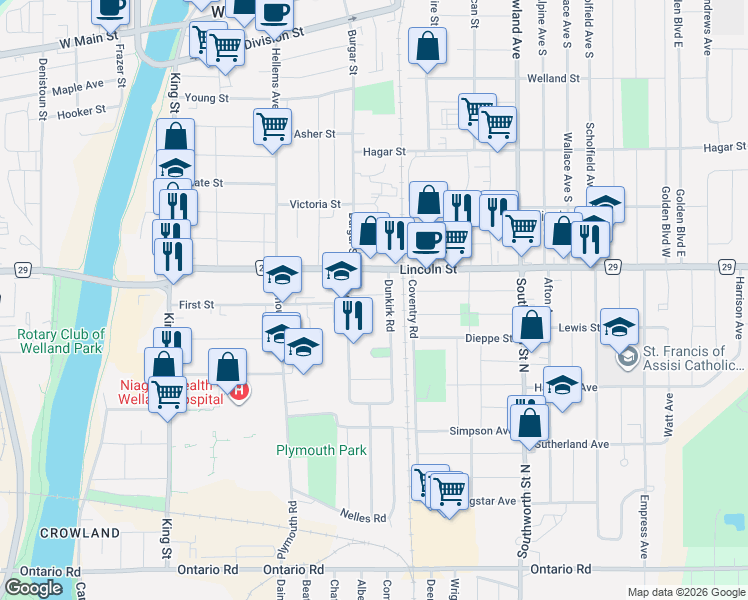 map of restaurants, bars, coffee shops, grocery stores, and more near 27 Achilles Avenue in Welland