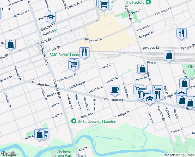 map of restaurants, bars, coffee shops, grocery stores, and more near 781 Little Grey Street in London