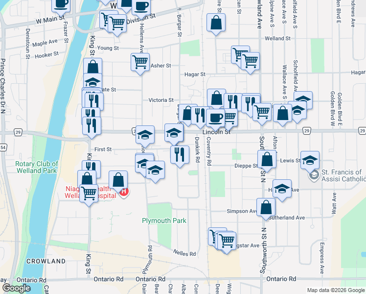 map of restaurants, bars, coffee shops, grocery stores, and more near 50 Dover Road in Welland