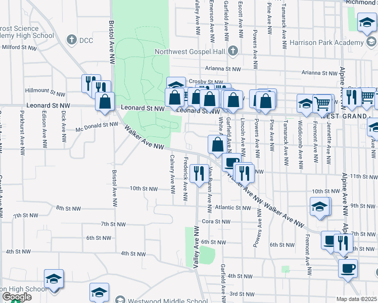 map of restaurants, bars, coffee shops, grocery stores, and more near 1315 Walker Avenue Northwest in Grand Rapids