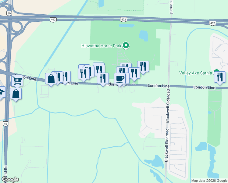 map of restaurants, bars, coffee shops, grocery stores, and more near 1701 London Line in Sarnia