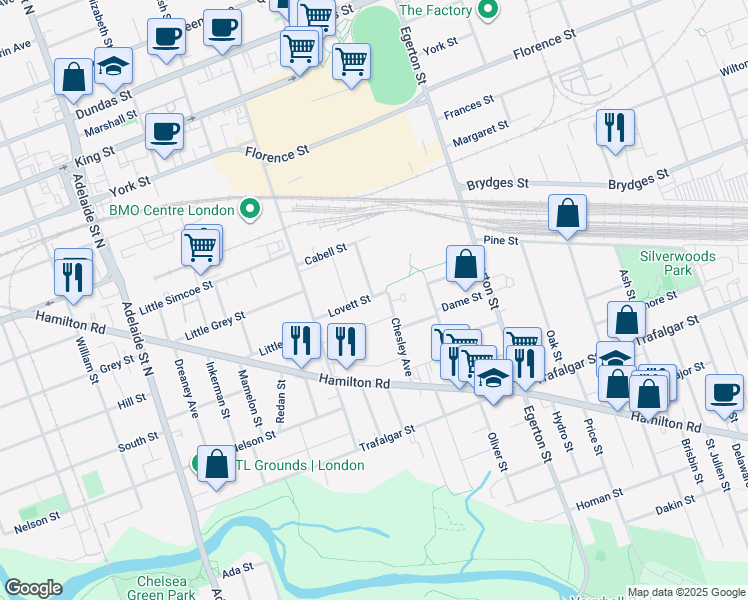 map of restaurants, bars, coffee shops, grocery stores, and more near 873 Lovett Street in London
