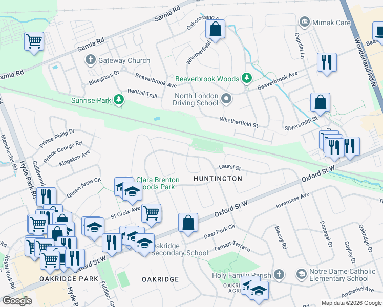 map of restaurants, bars, coffee shops, grocery stores, and more near 54 Meadowridge Crescent in London