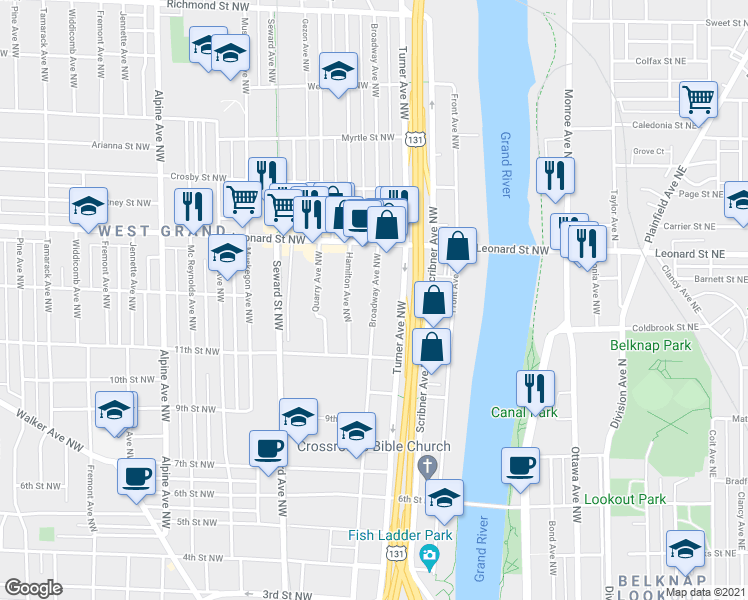 map of restaurants, bars, coffee shops, grocery stores, and more near Broadway Avenue Northwest in Grand Rapids