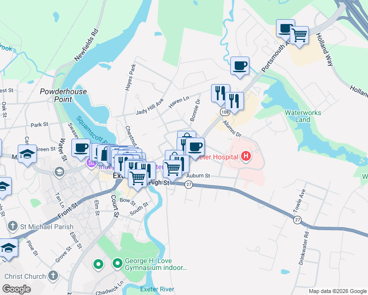 map of restaurants, bars, coffee shops, grocery stores, and more near 30 Portsmouth Avenue in Exeter