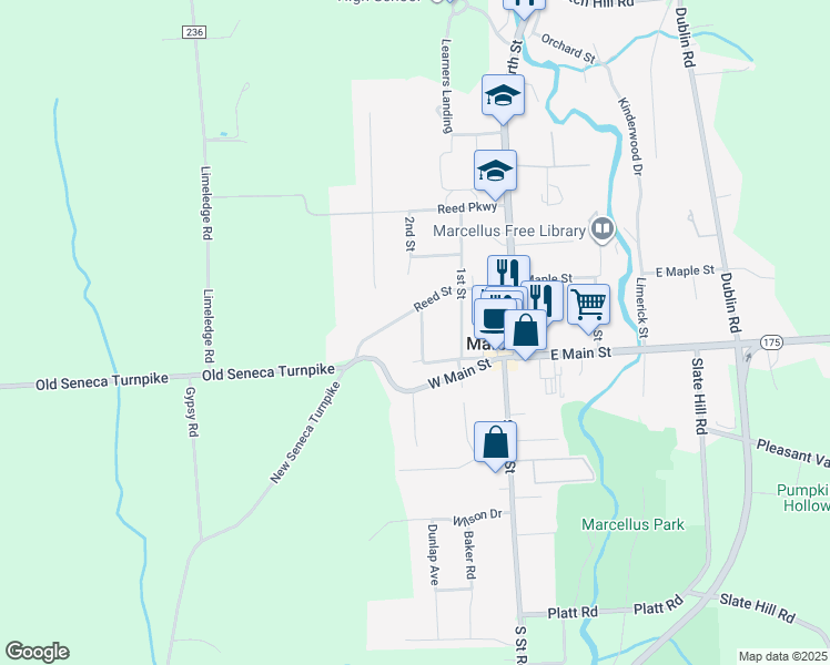 map of restaurants, bars, coffee shops, grocery stores, and more near 1 Kelly Avenue in Marcellus