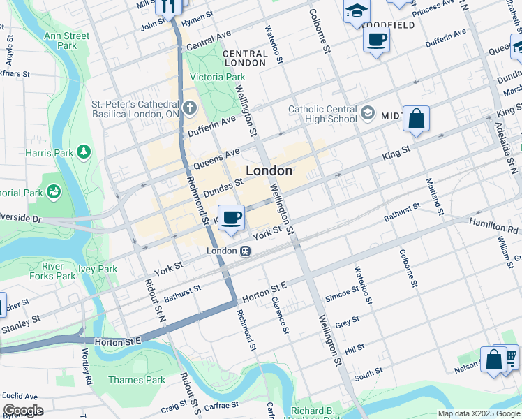 map of restaurants, bars, coffee shops, grocery stores, and more near 330 Clarence Street in London