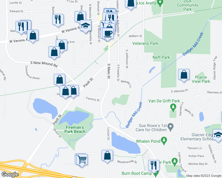 map of restaurants, bars, coffee shops, grocery stores, and more near 540 Melody Lane in Verona