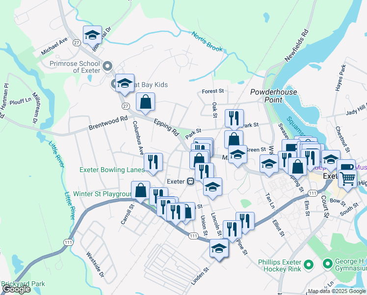 map of restaurants, bars, coffee shops, grocery stores, and more near 8 Harvard Street in Exeter