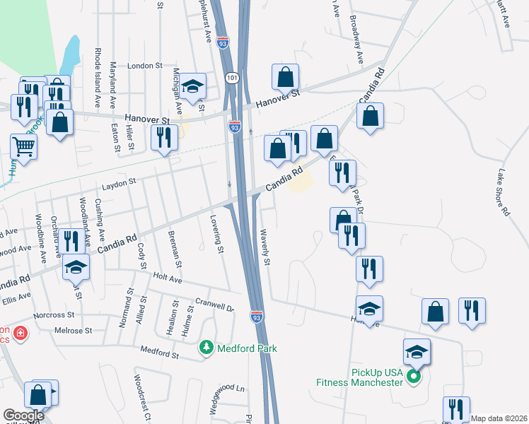 map of restaurants, bars, coffee shops, grocery stores, and more near 103 Elton Avenue in Manchester