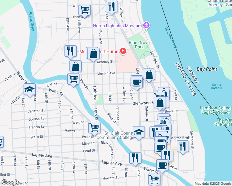 map of restaurants, bars, coffee shops, grocery stores, and more near 811 Stone Street in Port Huron