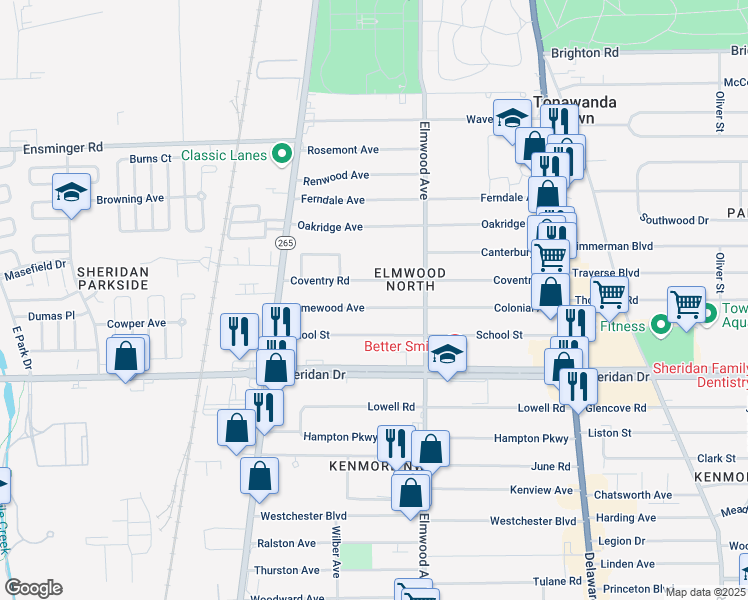 map of restaurants, bars, coffee shops, grocery stores, and more near 213 School Street in Buffalo