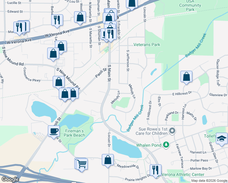 map of restaurants, bars, coffee shops, grocery stores, and more near 441 South Main Street in Verona