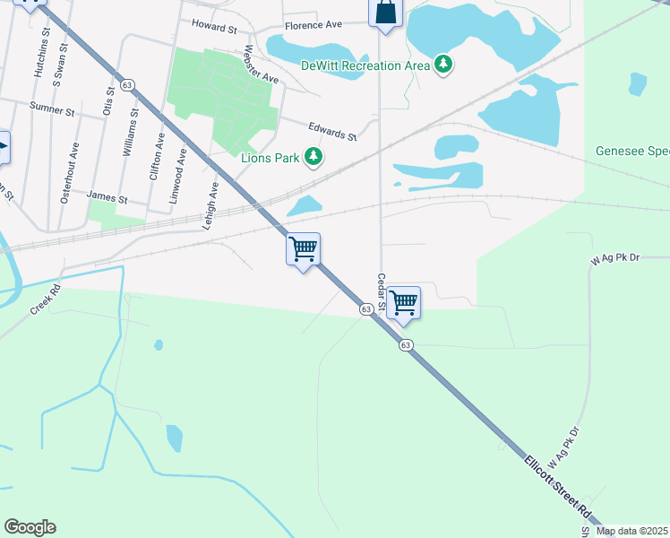 map of restaurants, bars, coffee shops, grocery stores, and more near 663 Ellicott Street in Batavia