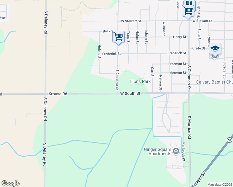 map of restaurants, bars, coffee shops, grocery stores, and more near 1001 Krouse Road in Owosso
