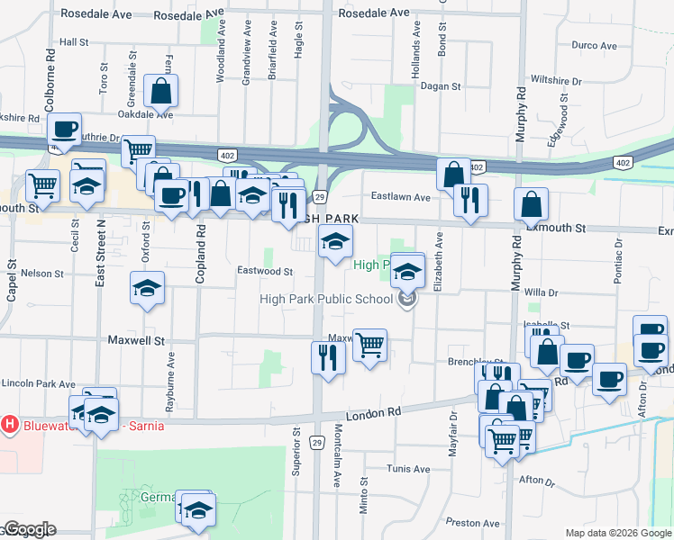 map of restaurants, bars, coffee shops, grocery stores, and more near 755 Roger Street in Sarnia