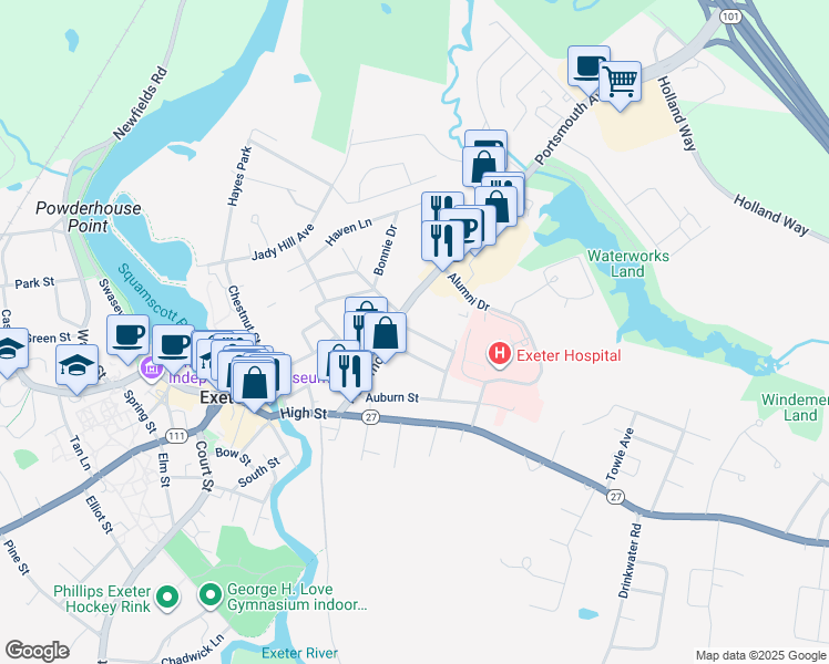 map of restaurants, bars, coffee shops, grocery stores, and more near 5 Prospect Street in Exeter