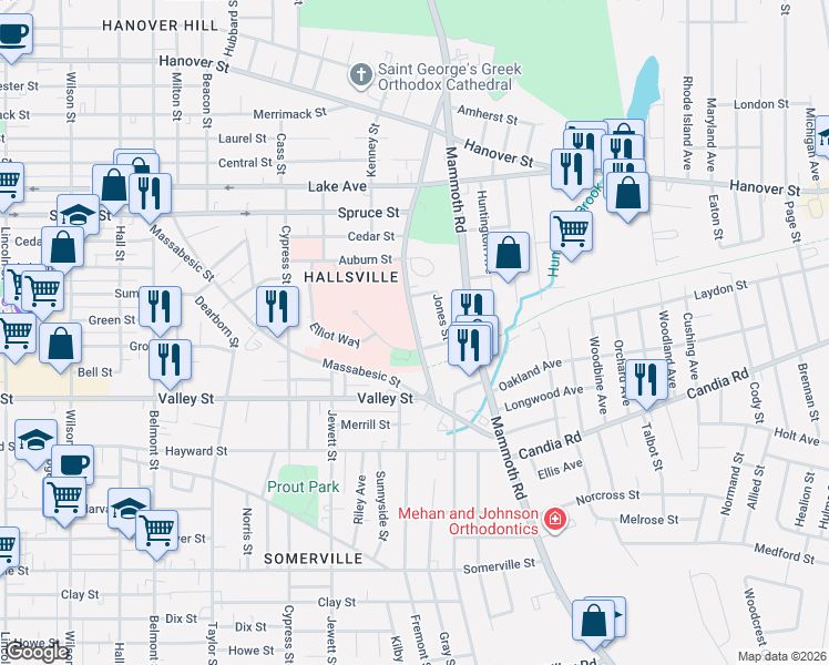 map of restaurants, bars, coffee shops, grocery stores, and more near 71 Tarrytown Road in Manchester