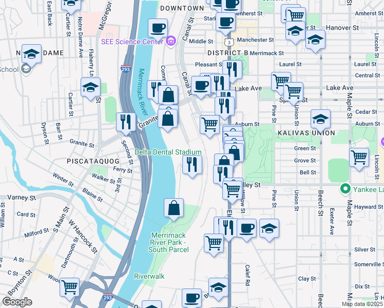 map of restaurants, bars, coffee shops, grocery stores, and more near 101 South Commercial Street in Manchester