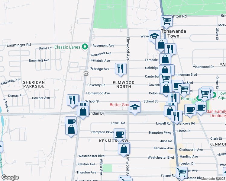 map of restaurants, bars, coffee shops, grocery stores, and more near 213 School Street in Buffalo
