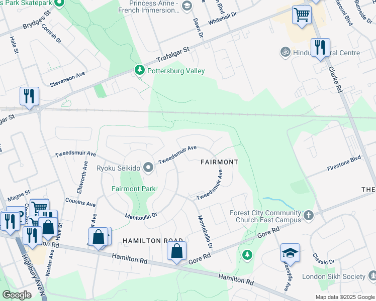 map of restaurants, bars, coffee shops, grocery stores, and more near 53 Laurentian Drive South in London