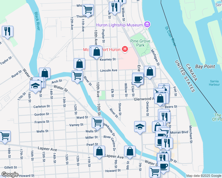 map of restaurants, bars, coffee shops, grocery stores, and more near 837 Poplar Street in Port Huron