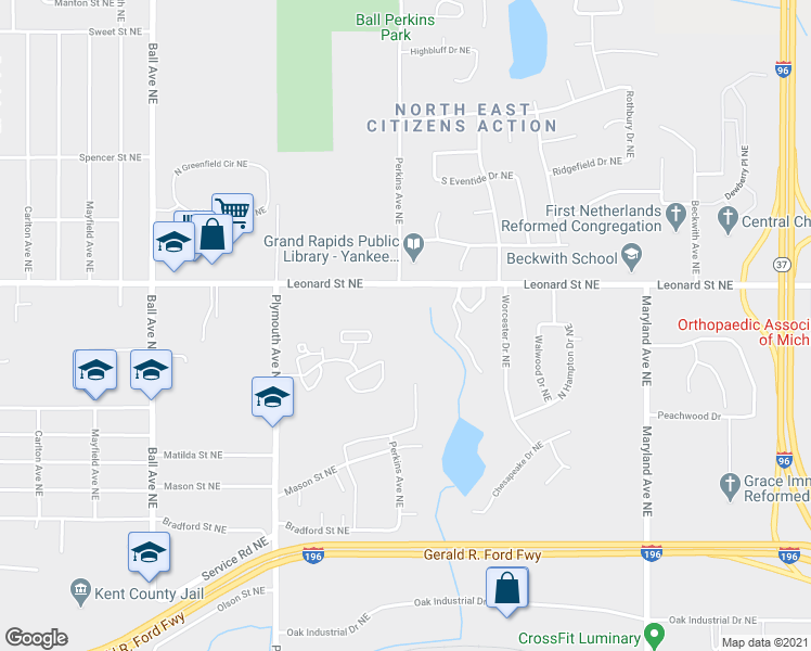map of restaurants, bars, coffee shops, grocery stores, and more near 2000 Leonard Street Northeast in Grand Rapids