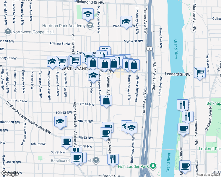 map of restaurants, bars, coffee shops, grocery stores, and more near 567 11th Street Northwest in Grand Rapids