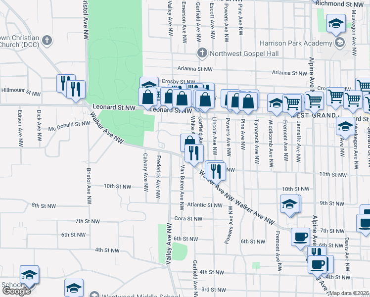 map of restaurants, bars, coffee shops, grocery stores, and more near in Grand Rapids