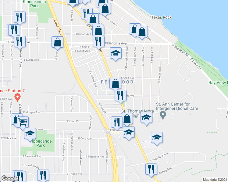 map of restaurants, bars, coffee shops, grocery stores, and more near 3411 South Kinnickinnic Avenue in Milwaukee