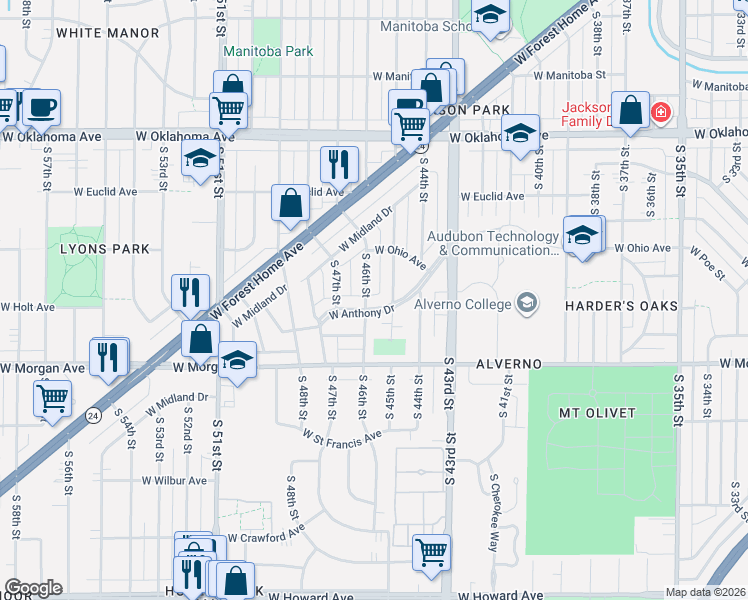 map of restaurants, bars, coffee shops, grocery stores, and more near 4605 West Anthony Drive in Greenfield