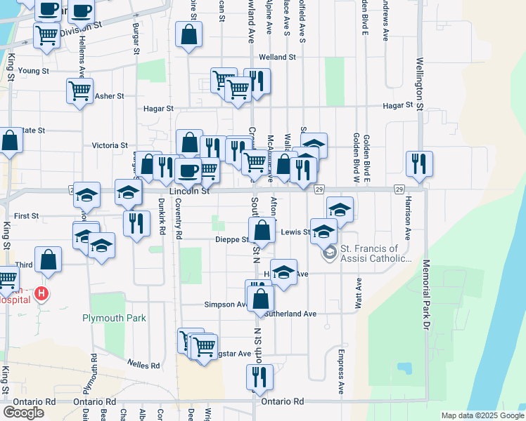 map of restaurants, bars, coffee shops, grocery stores, and more near in Welland