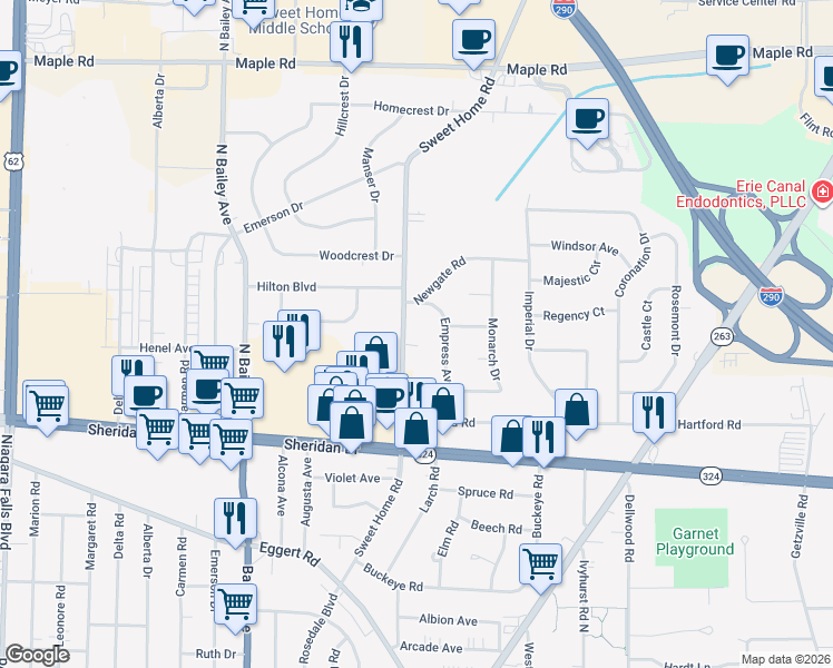map of restaurants, bars, coffee shops, grocery stores, and more near 715 Sweet Home Road in Buffalo