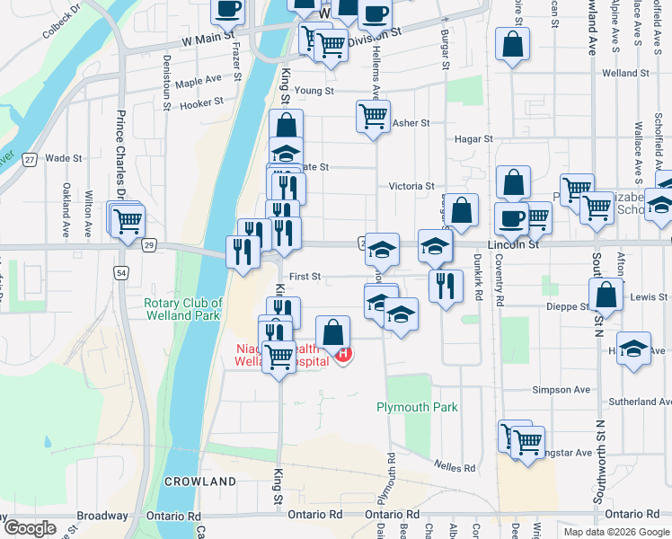 map of restaurants, bars, coffee shops, grocery stores, and more near 68 First Street in Welland