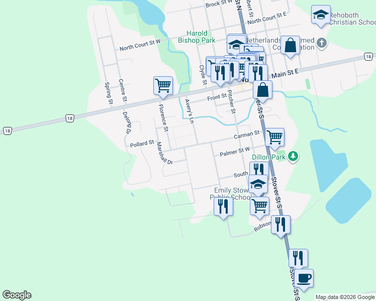 map of restaurants, bars, coffee shops, grocery stores, and more near 10 Dufferin Street in Norwich