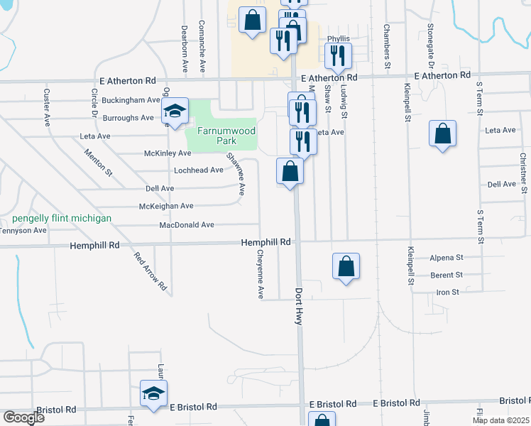 map of restaurants, bars, coffee shops, grocery stores, and more near 4510 South Dort Highway in Flint