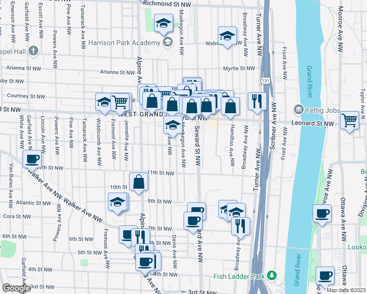 map of restaurants, bars, coffee shops, grocery stores, and more near 1086 Muskegon Avenue Northwest in Grand Rapids