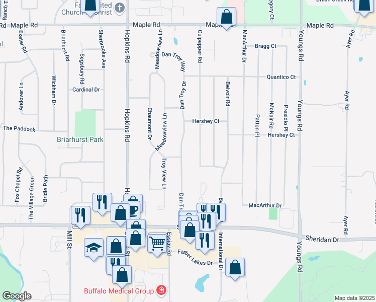 map of restaurants, bars, coffee shops, grocery stores, and more near 283 Dan Troy Drive in Buffalo