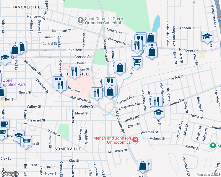 map of restaurants, bars, coffee shops, grocery stores, and more near 290 Mammoth Road in Manchester