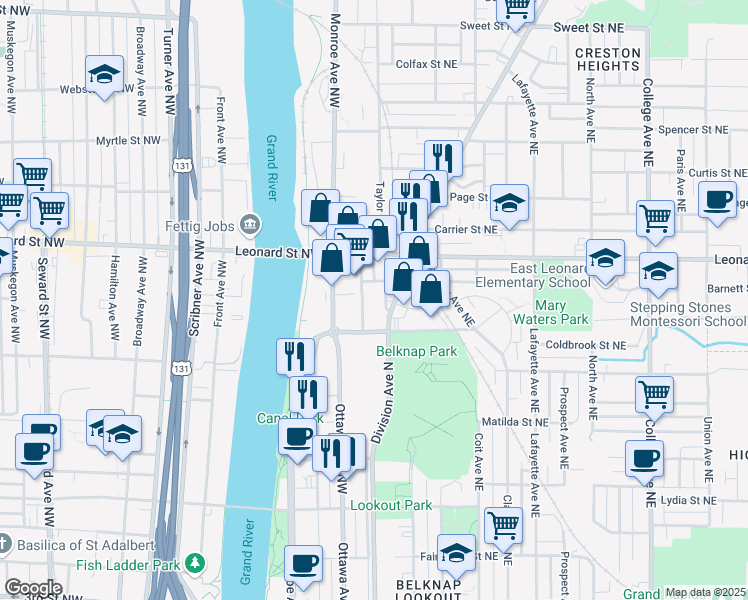 map of restaurants, bars, coffee shops, grocery stores, and more near 1115 Taylor Avenue North in Grand Rapids