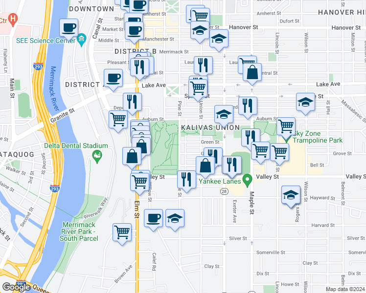 map of restaurants, bars, coffee shops, grocery stores, and more near 167 Pine Street in Manchester