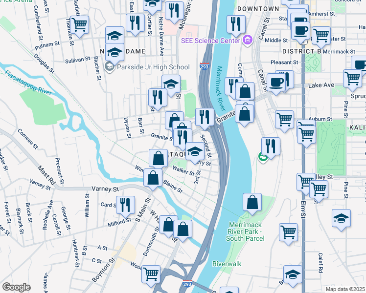 map of restaurants, bars, coffee shops, grocery stores, and more near 349 Granite Street in Manchester