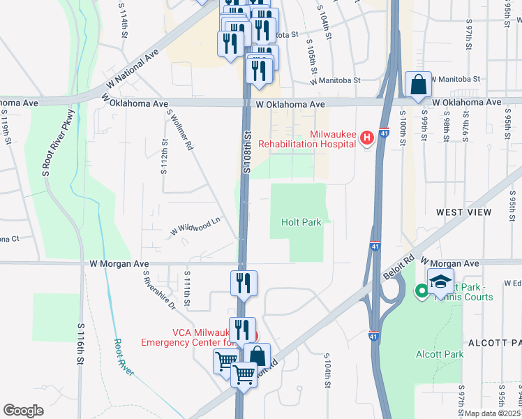 map of restaurants, bars, coffee shops, grocery stores, and more near 3250 South 108th Street in Milwaukee