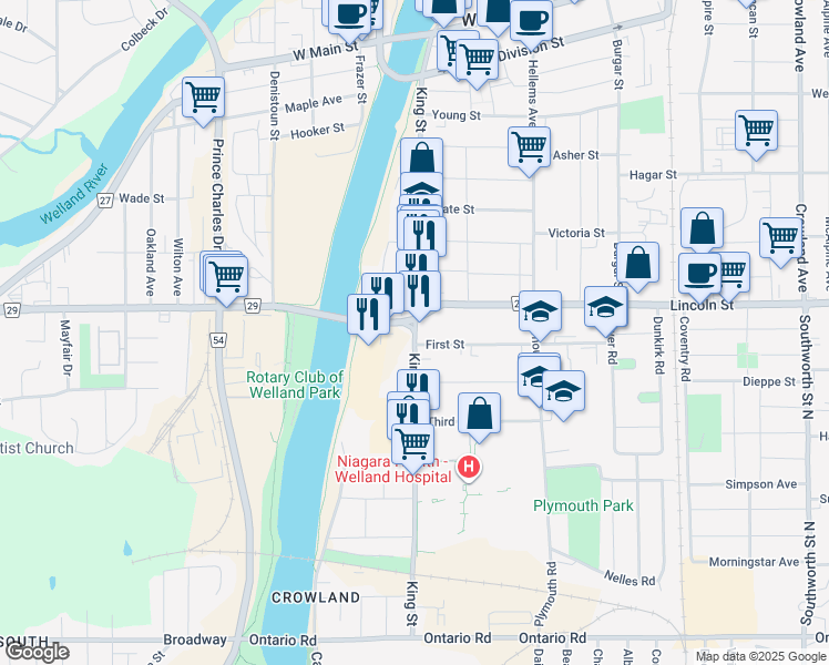 map of restaurants, bars, coffee shops, grocery stores, and more near King Street in Welland