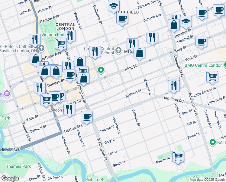map of restaurants, bars, coffee shops, grocery stores, and more near 378 York Street in London