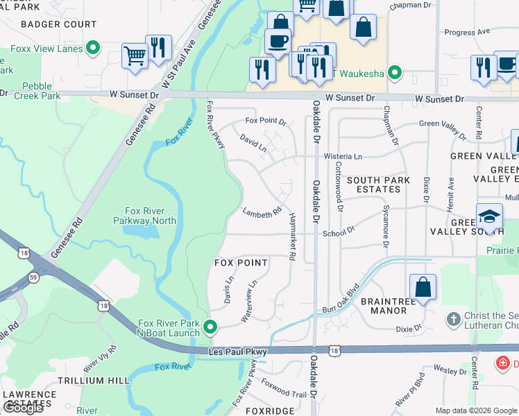 map of restaurants, bars, coffee shops, grocery stores, and more near 1631 Fox River Parkway in Waukesha