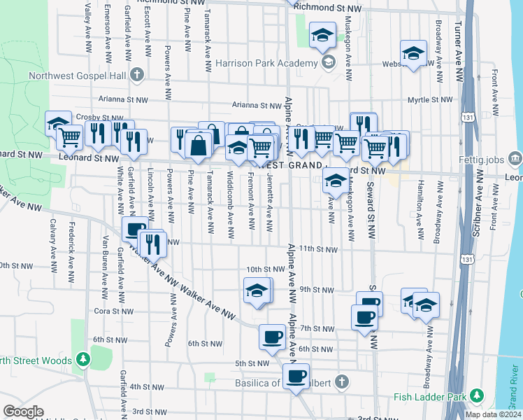 map of restaurants, bars, coffee shops, grocery stores, and more near 844 12th Street Northwest in Grand Rapids