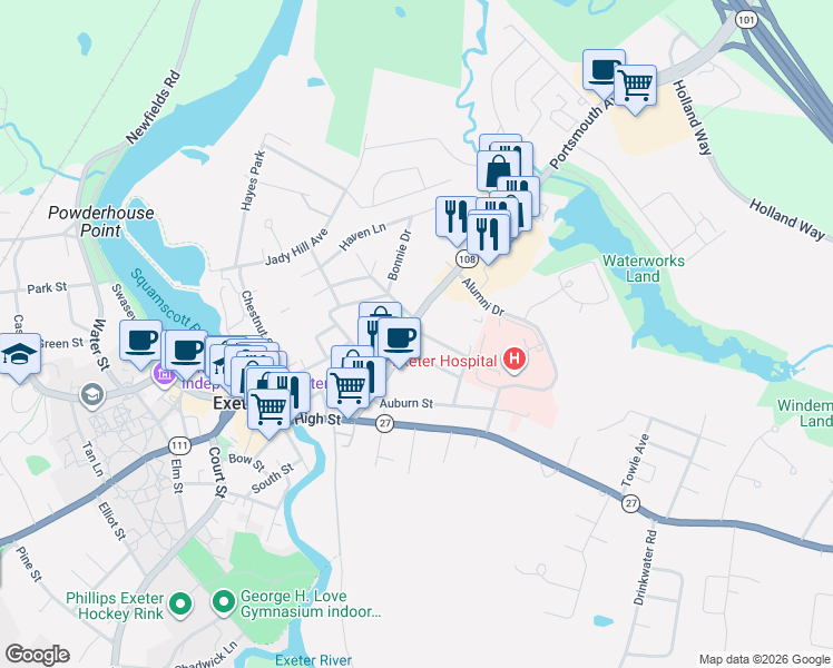 map of restaurants, bars, coffee shops, grocery stores, and more near 54 Portsmouth Avenue in Exeter