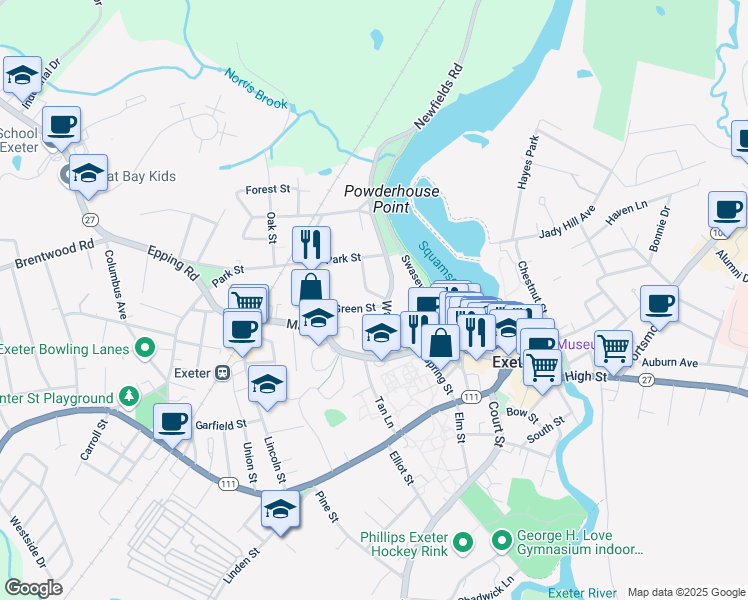 map of restaurants, bars, coffee shops, grocery stores, and more near 305 Water Street in Exeter